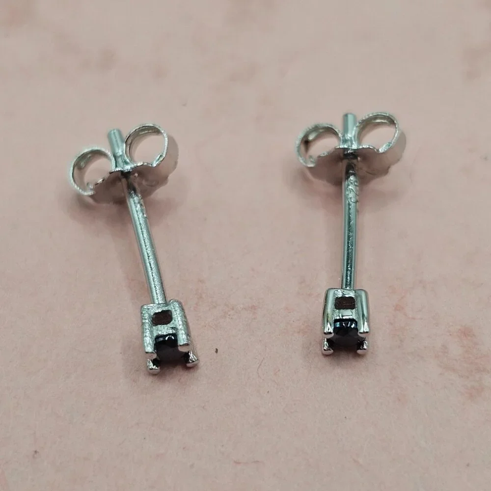 Sterling Silver 925 Rhodium Plated Round Basket Black CZ Stud Earrings
